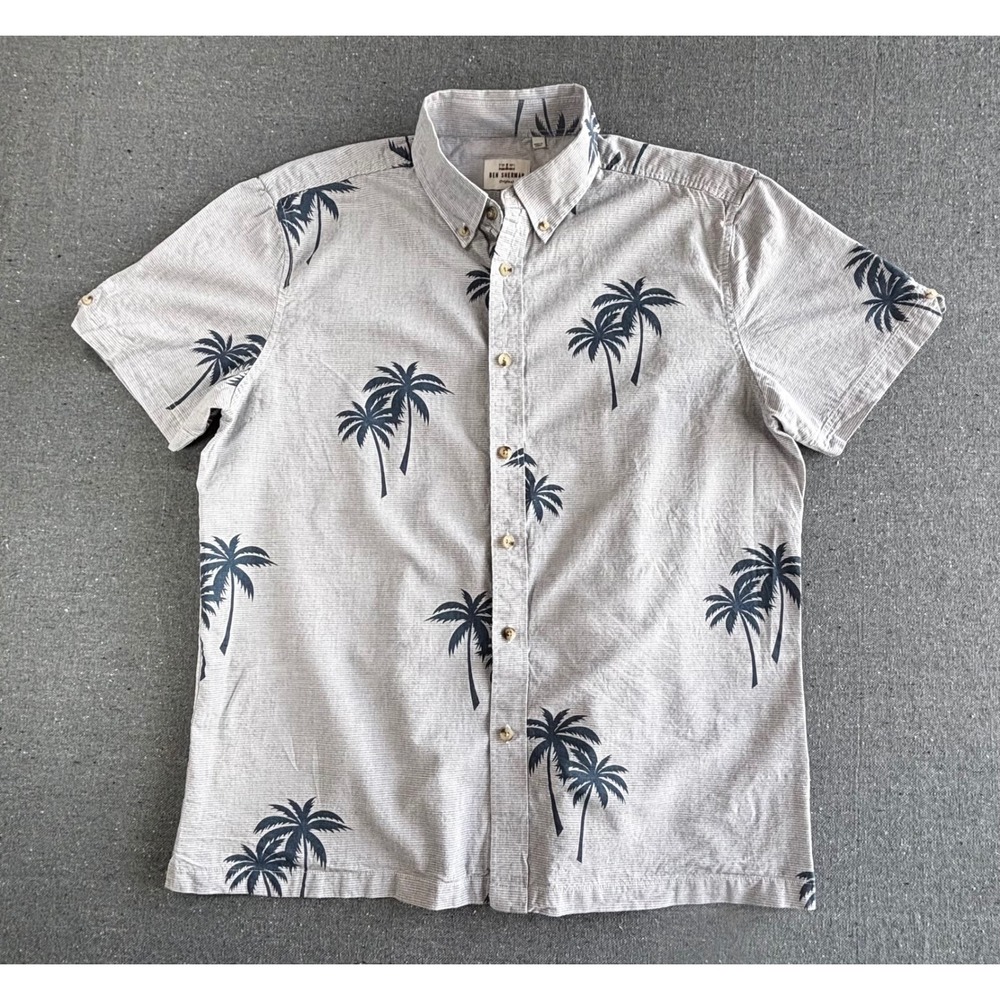 Ben Sherman Mens Grey Palm Tree Stripe Short Sleeve Button Down Shirt Large